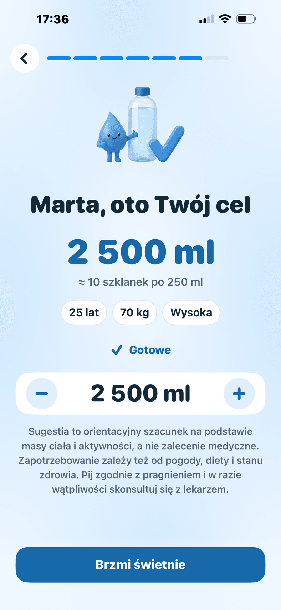Ekran ustawiania dziennego celu w aplikacji Woda