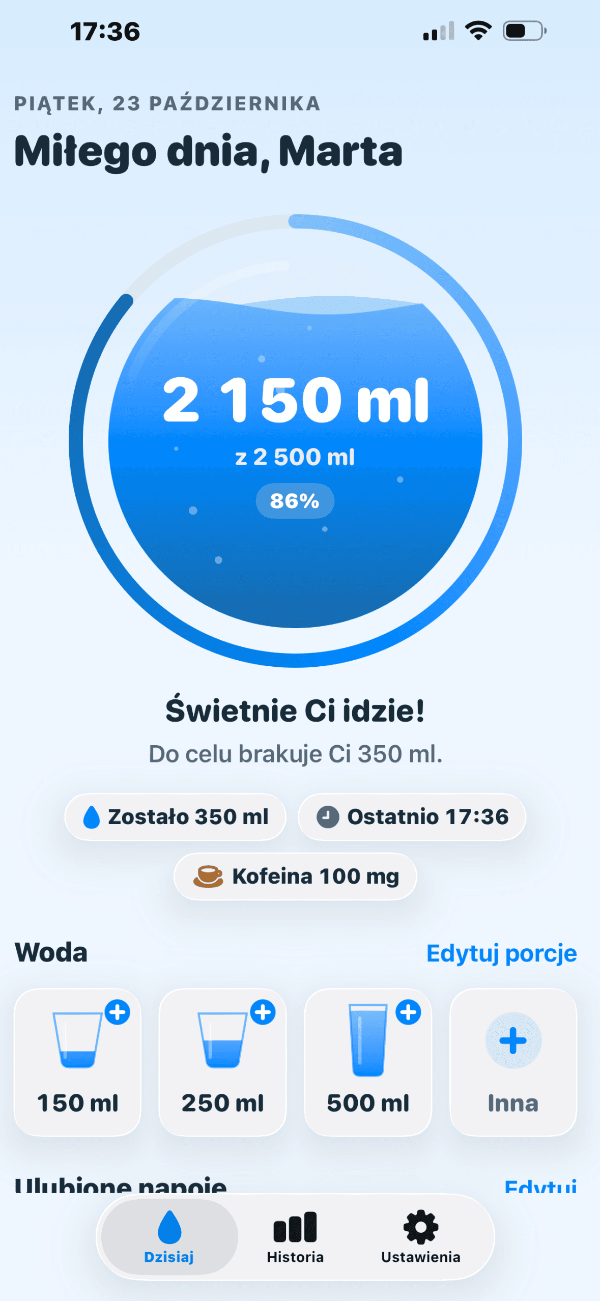 Ekran główny aplikacji Woda z dziennym postępem